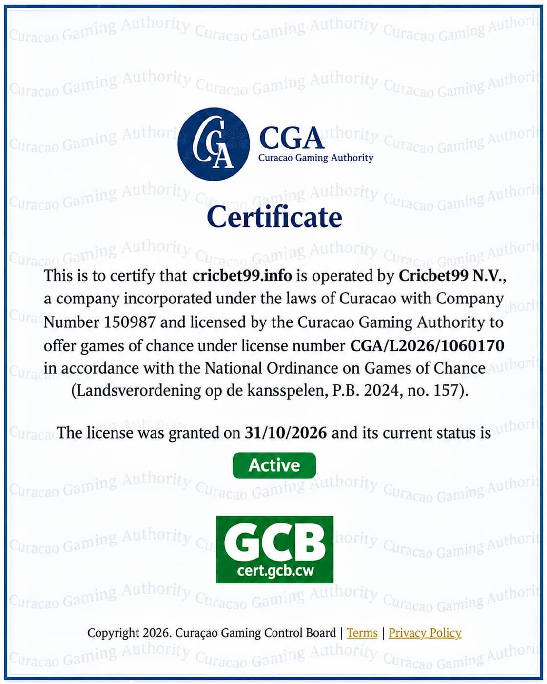 Curaçao Gaming Authority Certificate (1)